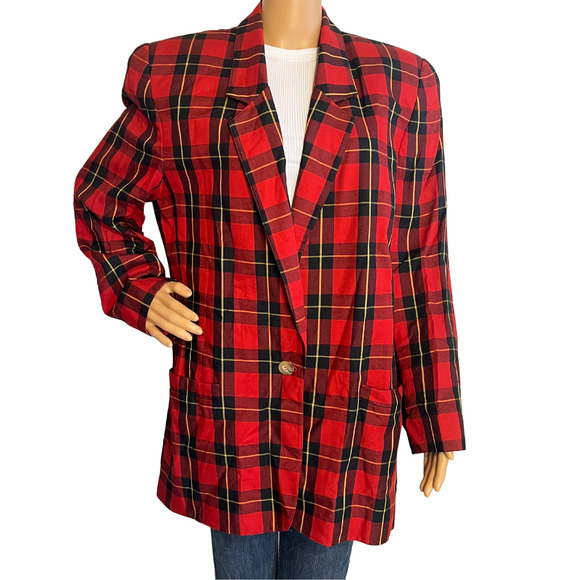 Vintage 90s Evan Picone Sport Red Tartan Plaid Blazer Size 14 - Picture 1 of 5